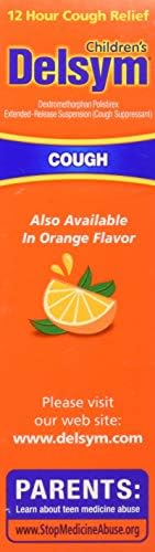 Children's Delsym Cough relief product with orange flavor indication on an orange background.