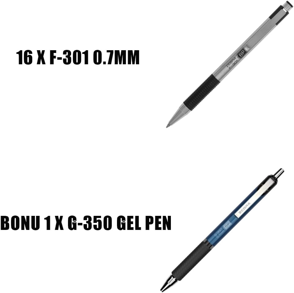 Zebra 16 x F-301 Ballpoint Stainless Steel (Black) + 1 x G-350 Gel Pen
