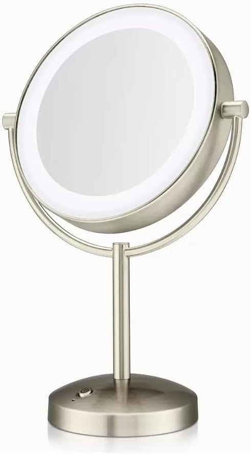 Conair Reflections Double-Sided LED Lighted Tabletop Mount Vanity Makeup Mirror, 1x/10x Magnification, Satin Nickel (Rechargeable)