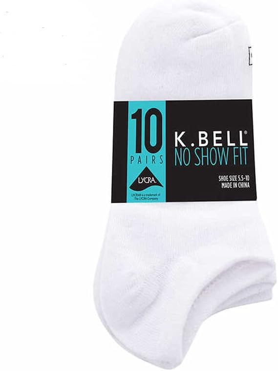K BELLS No Show Socks, 10 Pairs, Assorted Solids and Stripes, Fits Shoe Sizes 5.5-10