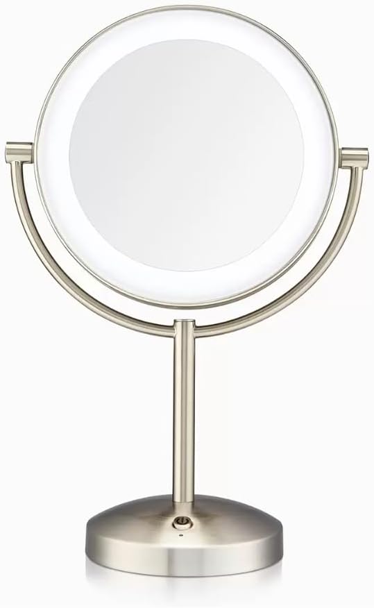 Conair Reflections Double-Sided LED Lighted Tabletop Mount Vanity Makeup Mirror, 1x/10x Magnification, Satin Nickel (Rechargeable)