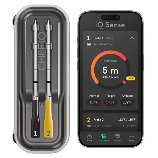 IQ Sense | Smart Wireless Meat Thermometer | 2 Ultra-Thin Probes | WiFi Unlimited Range | 1000°F Heat Safe | 5 Sensors | BBQ, Grill, Oven, Smoker, Air Fryer | Gen3