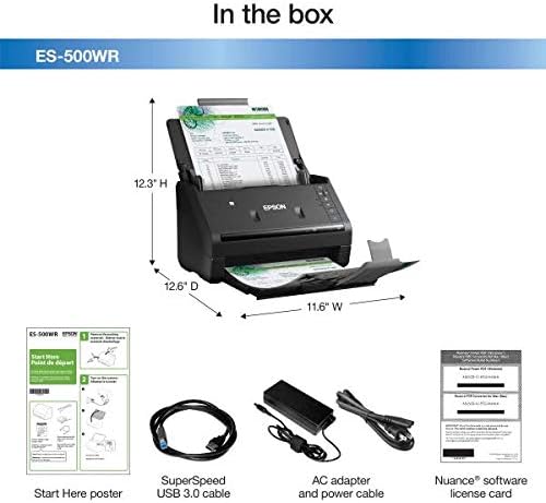Epson Workforce ES-500WR Wireless Color Receipt & Document Scanner for PC and Mac, Auto Document Feeder (ADF), Black