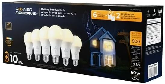 Globe Power Reserve Battery Backup Bulb, 6 Pack + 2 Portable Sockets