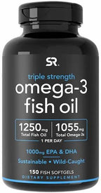 Black bottle of triple strength omega-3 fish oil with SR logo on a white background