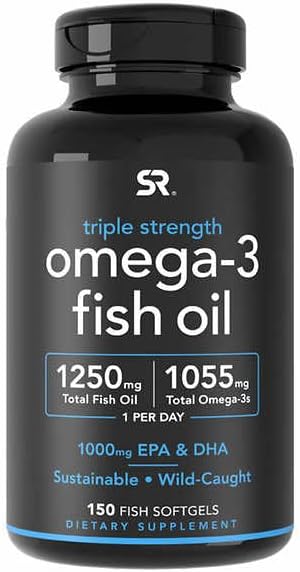 Black bottle of triple strength omega-3 fish oil with SR logo on a white background
