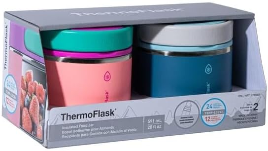 ThermoFlask 20 oz Insulated Food Jar, 2-Pack, Pink and Blue, Hot 12 Hours Cold 24 Hours (Pink and Blue)
