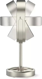 Modern silver table lamp with geometric design on a white background
