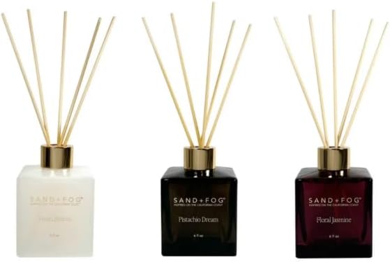 Sand + Fog Reed Diffuser Set, 3 Pack, 6 fl oz and 5 Reeds Each, Floral Jasmine, Fresh Breeze, Pistachio Dream
