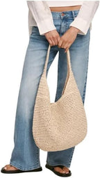 Women's Raffia Tote Bag – Handwoven Beige Paper Straw Summer Purse – Top Clasp Closure & Fully Lined Cotton Interior – Elegant Vacation Beach Bag & Everyday Shoulder Tote