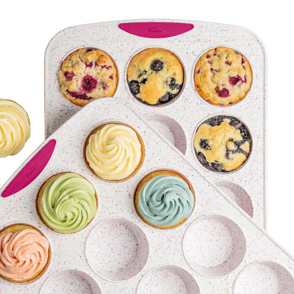 Trudeau Reinforced Structured Silicone Muffin Pan 2 Pack, 12-Cup, Confetti/Fuchsia – Hybrid Silicone & Hard Lining for Shape Retention, Non-Stick, Dishwasher Safe, BPA-Free Bakeware for Muffins & Cupcakes