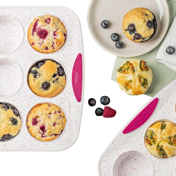 Trudeau Reinforced Structured Silicone Muffin Pan 2 Pack, 12-Cup, Confetti/Fuchsia – Hybrid Silicone & Hard Lining for Shape Retention, Non-Stick, Dishwasher Safe, BPA-Free Bakeware for Muffins & Cupcakes