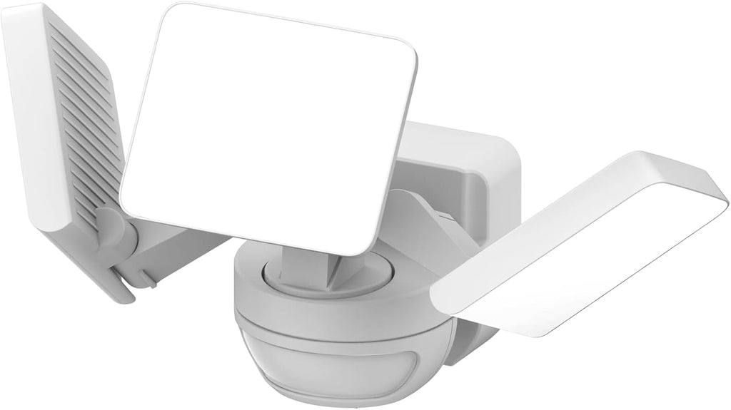 White outdoor security light fixture on a white background