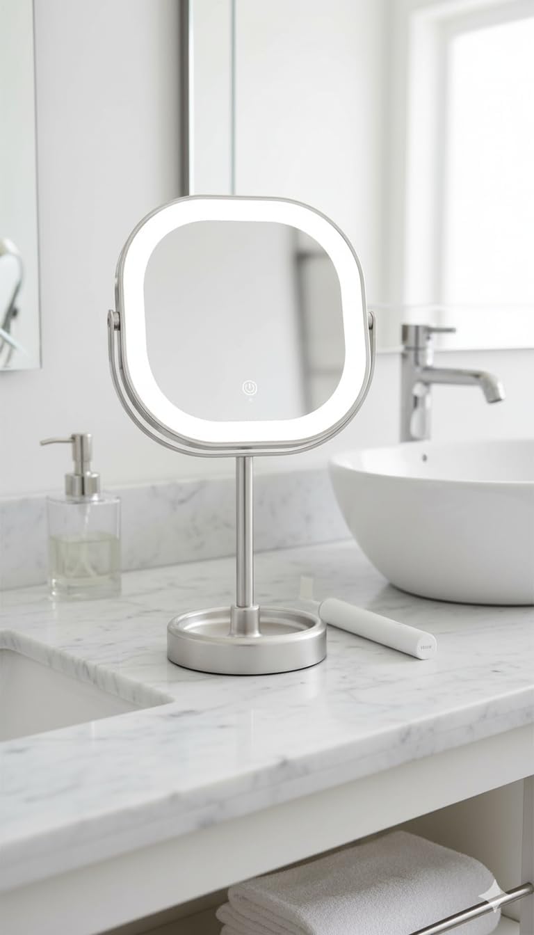 Luminous makeup mirror on a bathroom counter with sink and faucet in the background