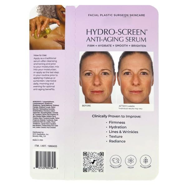 Hydro-Screen anti-aging serum packaging with before and after effects on a woman's face.