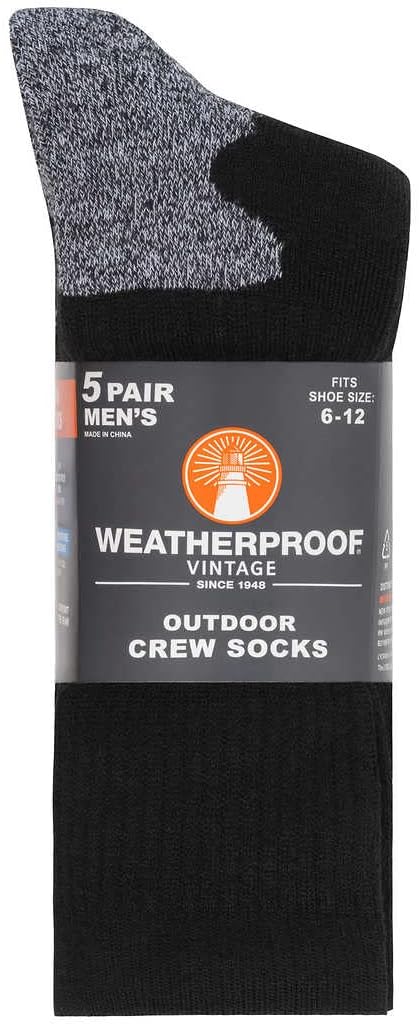 Weatherproof Vintage Men's Outdoor Wool Blend Crew Socks, 6-12 Shoe Size, 5 Pairs