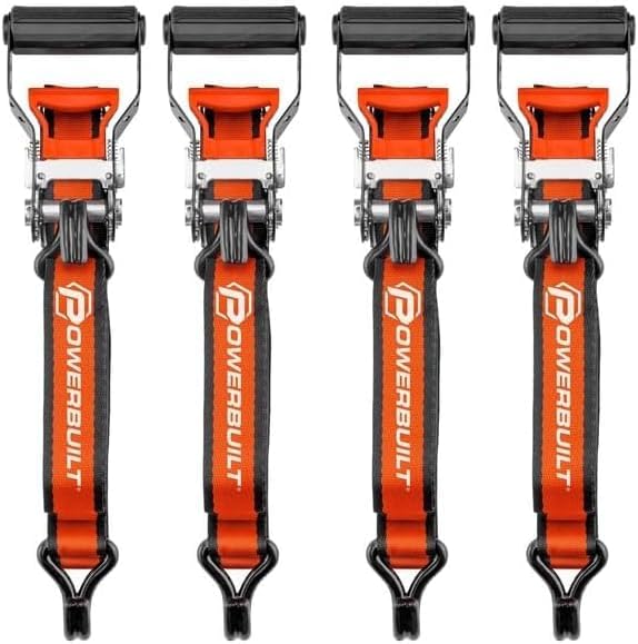 Powerbuilt Ratchet Tie Downs, 4-Piece, 1.5" x 16' | Extra-Wide Cushioned Handles | 1-1/2 in Extra-Wide Straps with Reinforced Edges