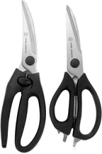 Two pairs of scissors with black handles on a white background