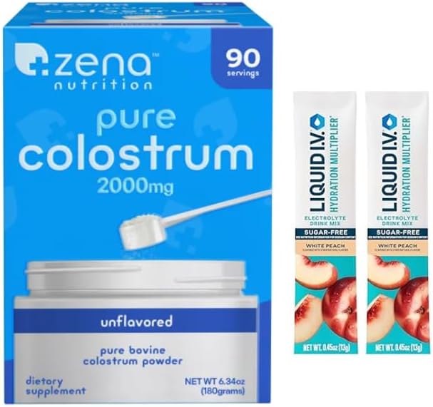 Zena Nutrition pure colostrum supplement packaging and Liquid I.V. electrolyte drinks.