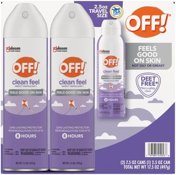 OFF! Clean Feel Insect Repellent Aerosol, Bug Spray, Long-Lasting DEET-Free Protection from Mosquitoes, Fragrance-Free Pest Control for Ticks & Flies, Camping, (2) 7.5 oz (1) 2.5 oz, Total 17.5 oz