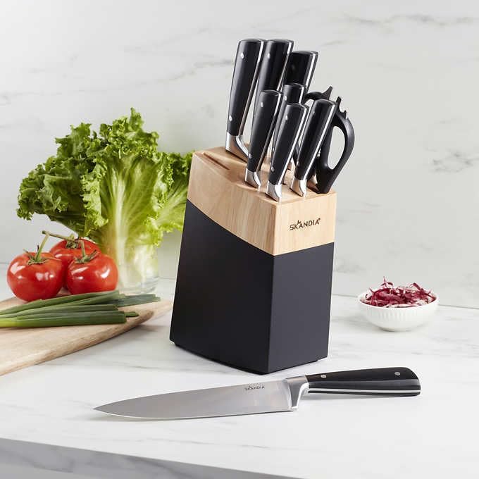 Skandia Constract 10-Piece Knife Block Set – Medium, Silver Stainless Steel Kitchen Knives with Wood Storage Block, Precision Cutting Tools for Everyday Cooking
