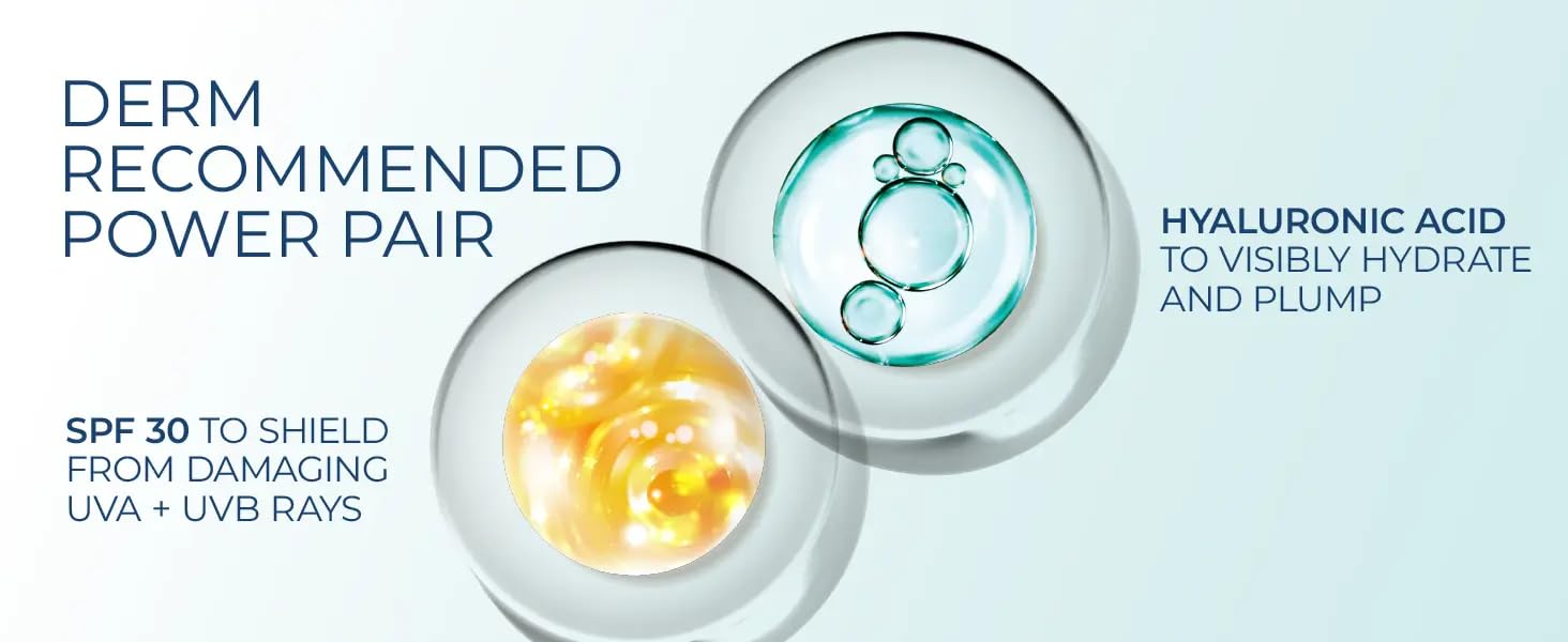 Two skincare products with hyaluronic acid and SPF 30 on a light blue background.