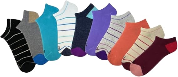 K BELLS No Show Socks, 10 Pairs, Assorted Solids and Stripes, Fits Shoe Sizes 5.5-10