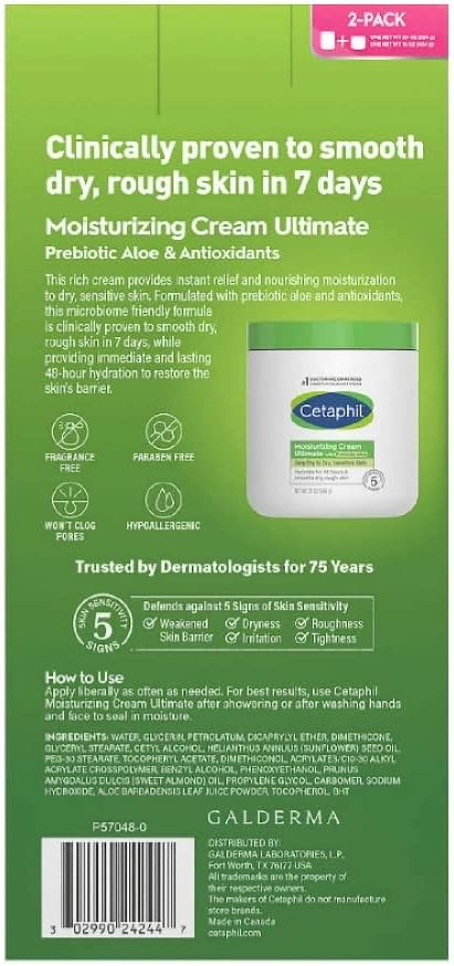 Cetaphil Moisturizing Cream Ultimate with Prebiotic Aloe, Very Dry to Dry Sensitive Skin, 2 Pack - 20 Ounce and 16 Ounce