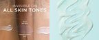 Cosmetic product application on skin with text 'Invisible on all skin tones' and 'RoC HP SPF' label.