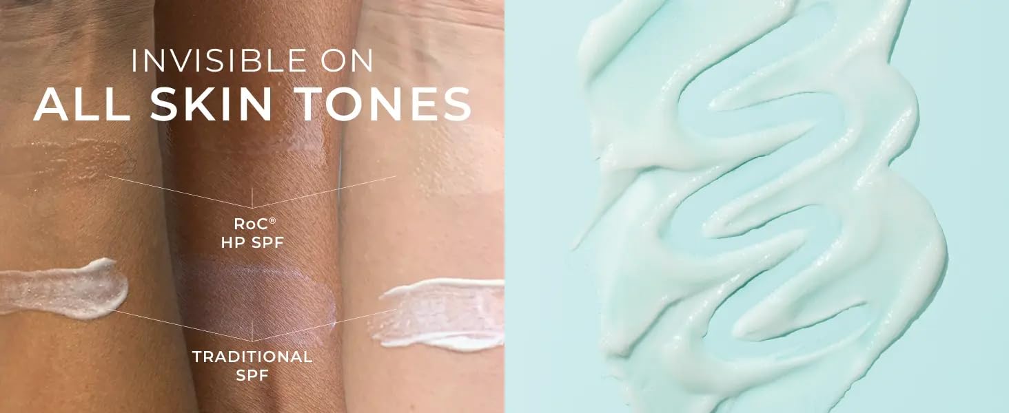 Cosmetic product application on skin with text 'Invisible on all skin tones' and 'RoC HP SPF' label.