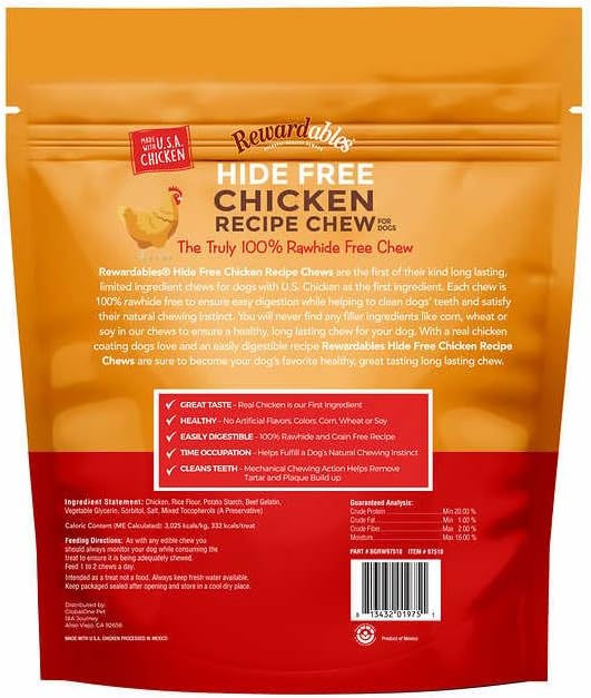 Dog Chews Rawhide-Free - Chicken Dental Treats for Large Dogs, Grain-Free Digestible Chews, 10 Pack 7" Rolls by Rewardables (2.4lb)