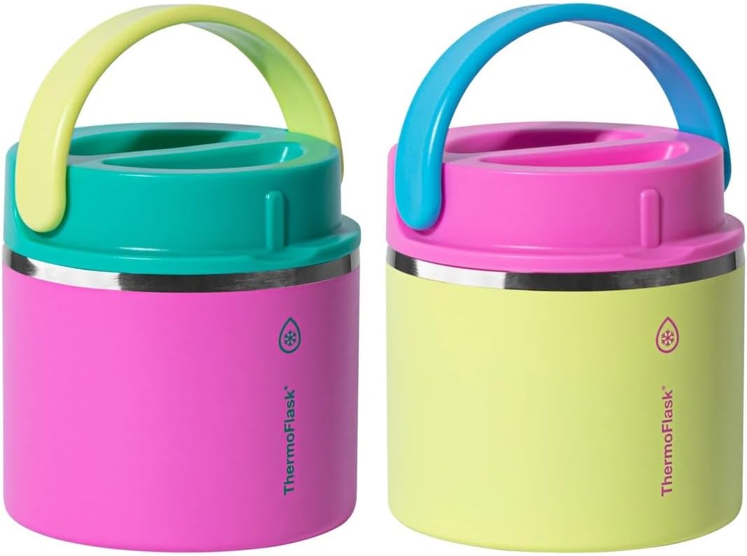 ThermoFlask 20 oz Insulated Food Jar, 2-Pack, Pink and Blue, Hot 12 Hours Cold 24 Hours (Pink and Yellow)