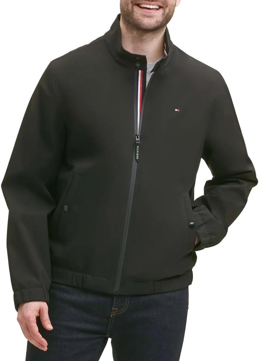 Tommy Hilfiger Men’s Water and Wind Resistant Stand Collar Bomber Jacket (Black, X-Large)
