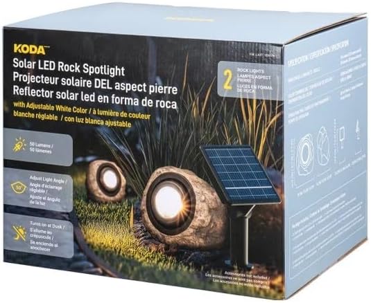 KODA solar LED rock spotlight packaging with images of the product and text.