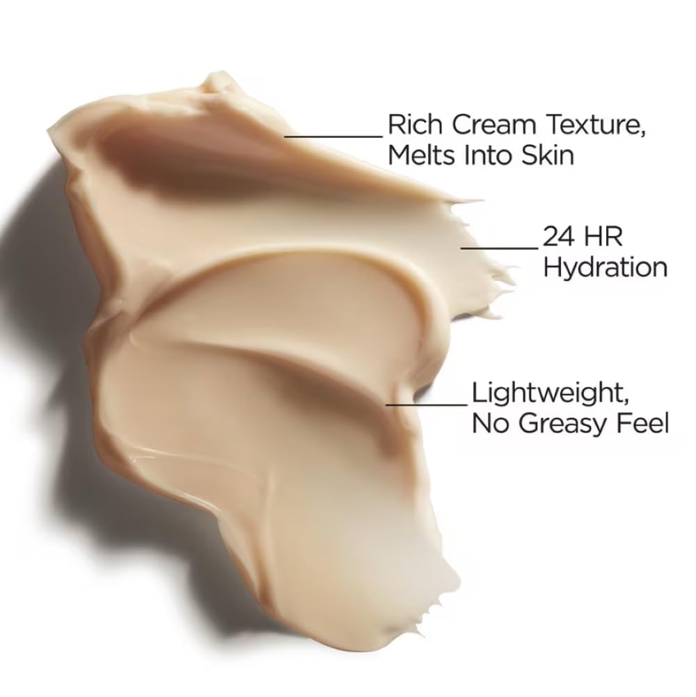 Swatch of cream with text describing its properties on a white background