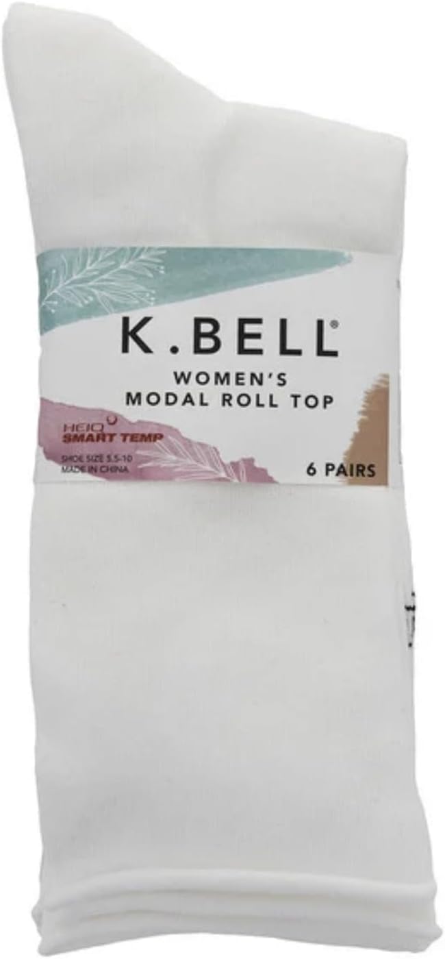 K. Bell Women's Modal Roll Top Socks, 6 pairs, Assorted Solid Colors, Fits Shoe Sizes 5.5-10