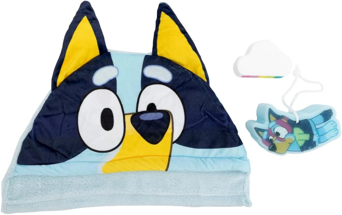Bluey Cozy Time Set: Hair Towel, Bubble Bath, Rainbow Bath Bomb, Sponge, Body Wash