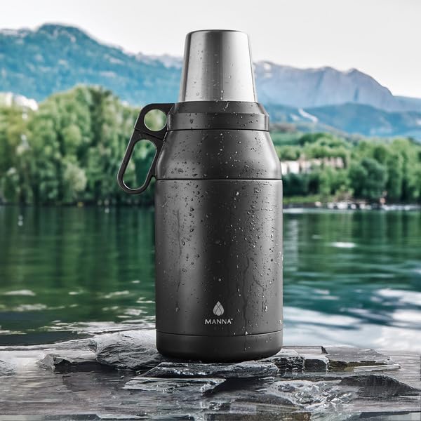 64oz Double Walled Jug with 4 Stackable Stainless Steel Cups (Black)