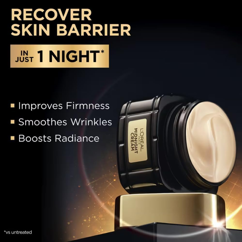 L'Oreal night cream jar with text highlighting benefits on a dark background