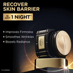 L'Oreal night cream jar with text highlighting benefits on a dark background