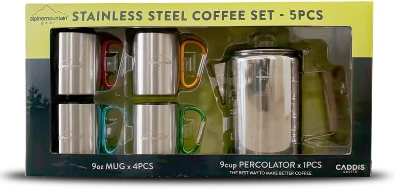 Stainless steel coffee set with mugs and percolator in packaging