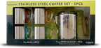 Stainless steel coffee set with mugs and percolator in packaging