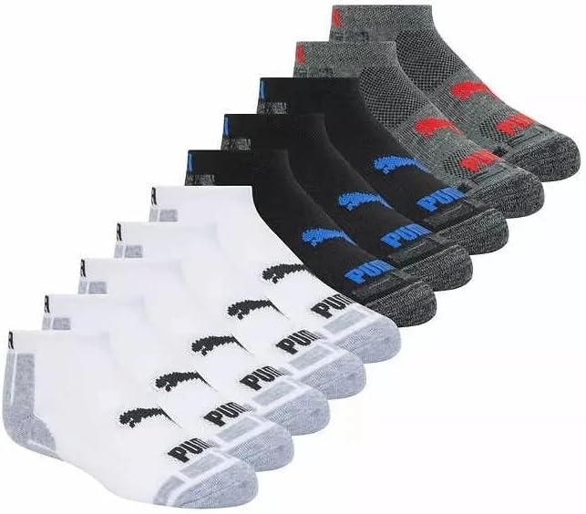 PUMA Youth Low Cut Socks with DRYCELL Moisture Wicking, 10 Pair, Shoe Size 4-9.5