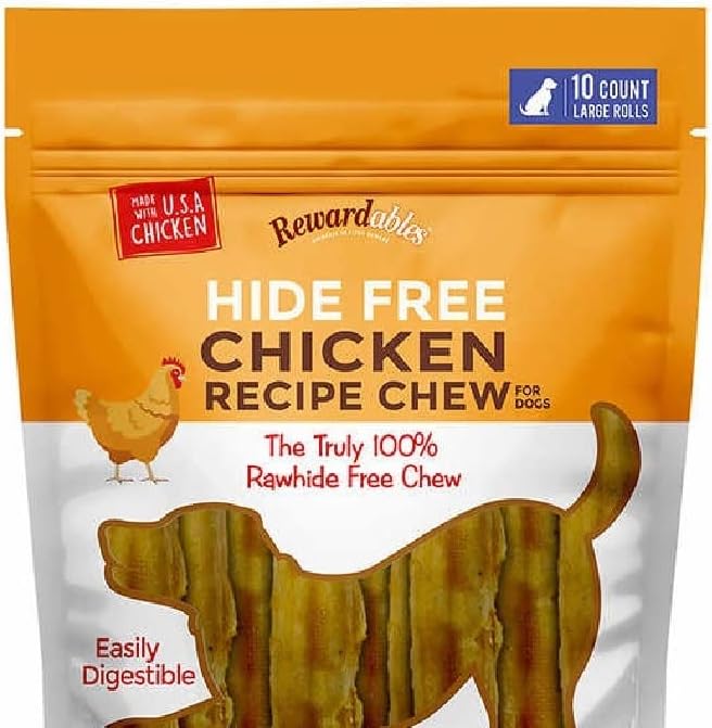 Dog Chews Rawhide-Free - Chicken Dental Treats for Large Dogs, Grain-Free Digestible Chews, 10 Pack 7" Rolls by Rewardables (2.4lb)