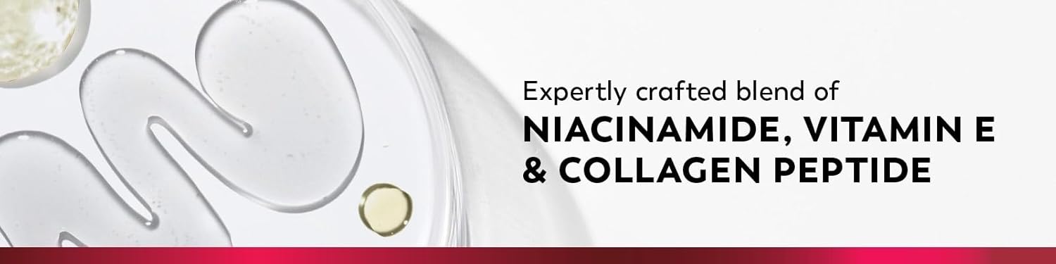 Product packaging with text about niacinamide, vitamin E, and collagen peptide blend on a white background.