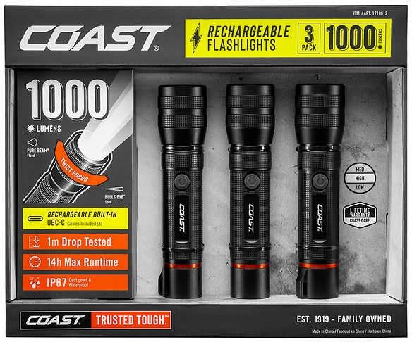 Coast 1000 Lumen Rechargeable LED Flashlight, Adjustable Focus, Waterproof, Dustproof, Rugged for Fishing, Hiking, Camping, Mechanic Work - Set of 3, Black, CF1000R
