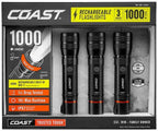 Coast 1000 Lumen Rechargeable LED Flashlight, Adjustable Focus, Waterproof, Dustproof, Rugged for Fishing, Hiking, Camping, Mechanic Work - Set of 3, Black, CF1000R