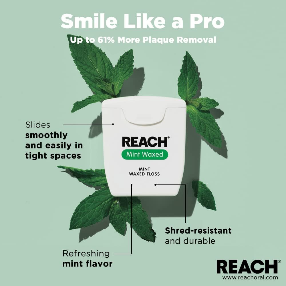 REACH mint waxed floss packaging with mint leaves on a light green background