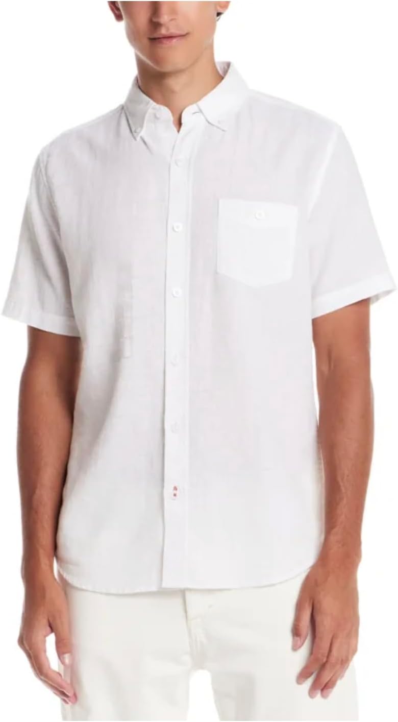 Weatherproof Vintage Men’s Short Sleeve Linen Blend Woven Button Down Shirt (US, Alpha, Medium, Regular, Regular, White)