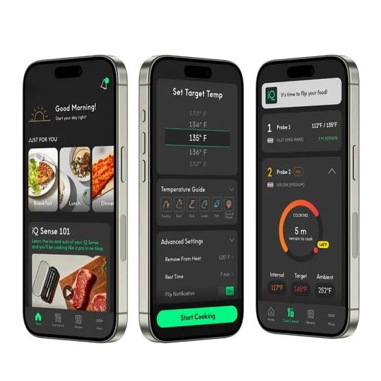 IQ Sense | Smart Wireless Meat Thermometer | 2 Ultra-Thin Probes | WiFi Unlimited Range | 1000°F Heat Safe | 5 Sensors | BBQ, Grill, Oven, Smoker, Air Fryer | Gen3